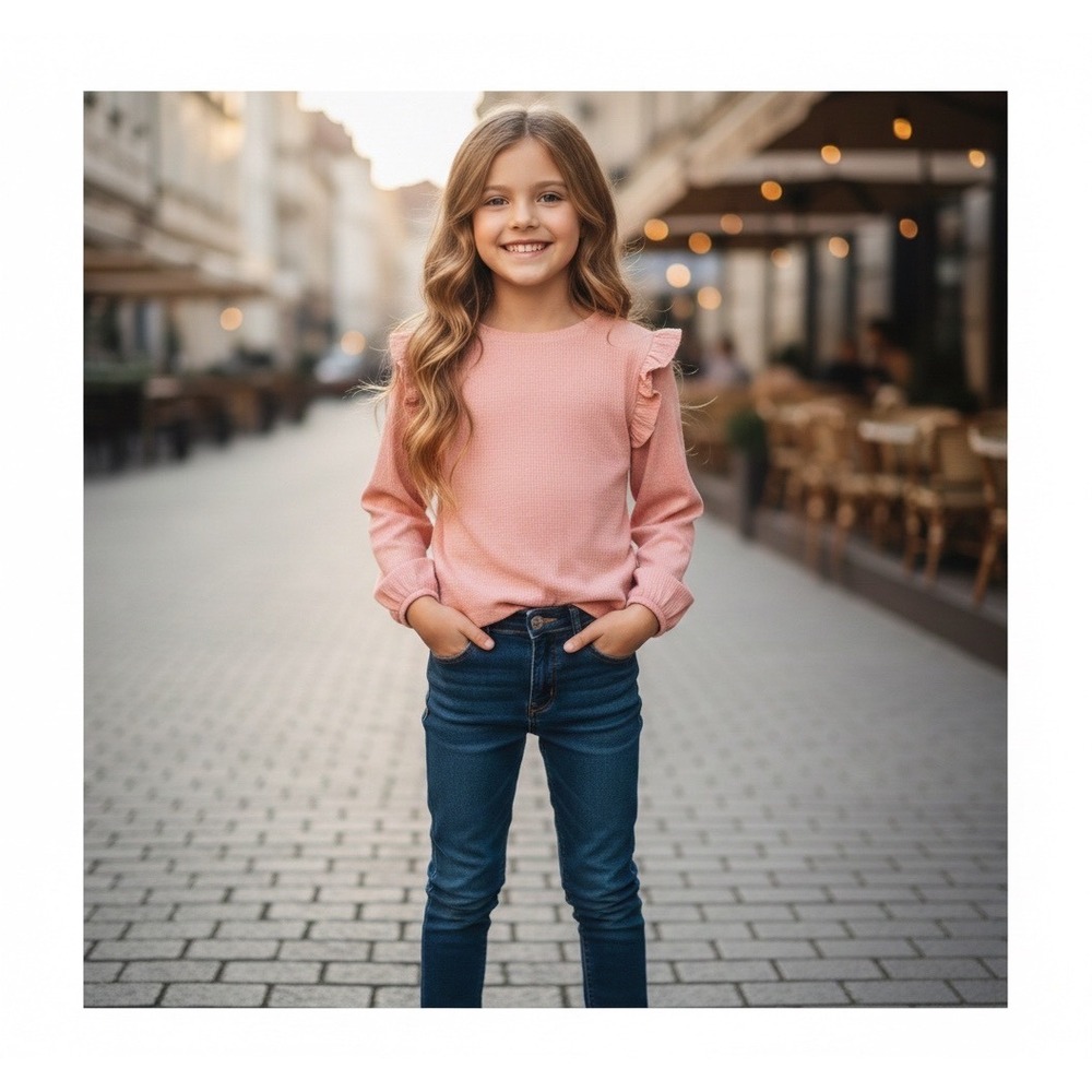 Cat and Jack Long Sleeve T-shirt Girls M(8) Salmon Ruffled Shoulder Soft